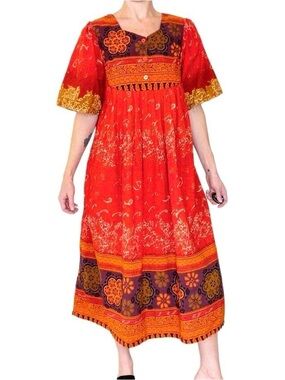 Vintage Fundamentals Red Orange Floral Printed Midi Nightgown Dress